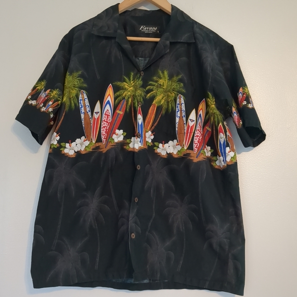 Favant Shirt Mens Large Hawaiian Surfer Black Beach Vacation Surf Boards Cotton